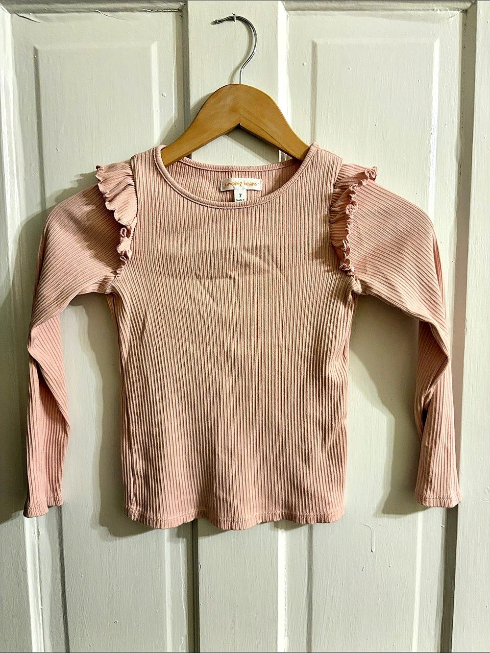 5 for $25! Beans Ruffle Shoulder Long Sleeve Rib Top Pink Girls 7